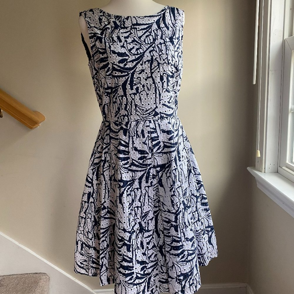 Sleeveless eyelet summer fit and flare dress in navy and white